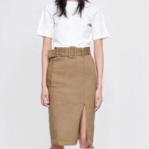 Zara Woman Khaki White T-shirt Dress with Missing Belt - Size Small